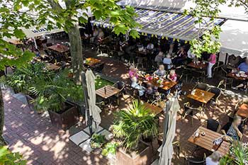 Blick von oben auf die begrünte Terrasse des Roni